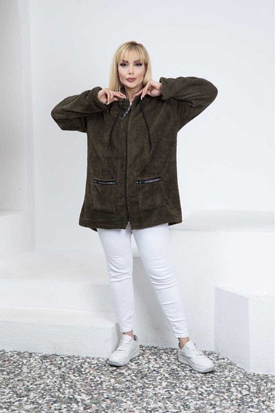 BİrHoşButik PLUS SIZE LYCRA SOFT POCKET HOODED RIBBED ZIPPER WINTER TREND PLUSH FLEECE CARDIGAN