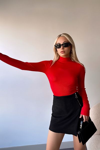 LACHT Women's Red Back Low-cut Snap Fastener Ribbed Stand Collar Body Suit