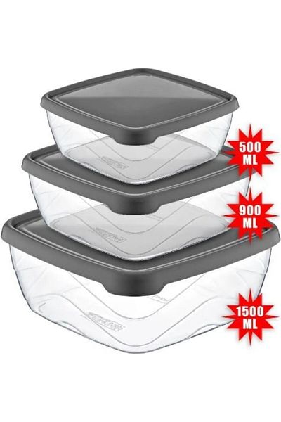 BİODATA Square Storage Container 3 Pieces 500ml-900ml-1500ml Refrigerator Food and Crisper Storage Box