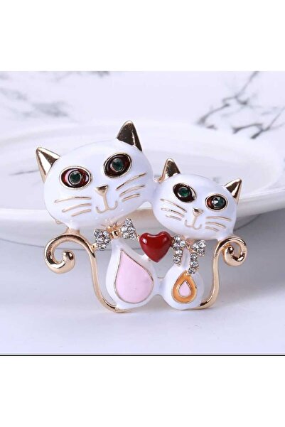 ESJ Aşık Çift Kedi Beyaz Kadın Broş 722 Ebat: 4,4*4,1 Cm