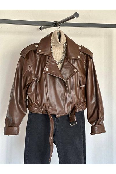 Ekim Store Καφέ Biker Crop Δερμάτινο Μπουφάν