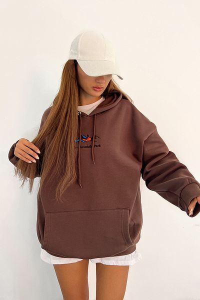 Sun Victoria Φούτερ Unisex Oversize Καφέ με κουκούλα με 3 νήματα με ράστερ κεντημένο χτενισμένο βαμβακερό φούτερ