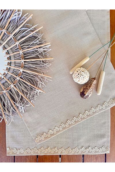 desen izmir Linen Linen, Jute Textured, Beige Leaf Square Runner Blanket