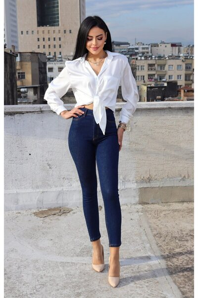 byhaziran butik Pantaloni de damă, albaștri, cu talie înaltă, până la gleznă,...