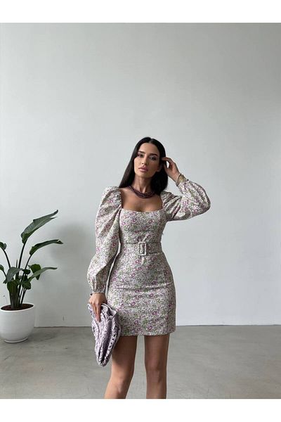 LB Laluna Butik Women's Backless, Sleeve Detailed Belted Dress