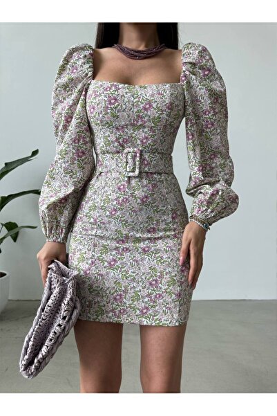 LB Laluna Butik Women's Backless, Sleeve Detailed Belted Dress
