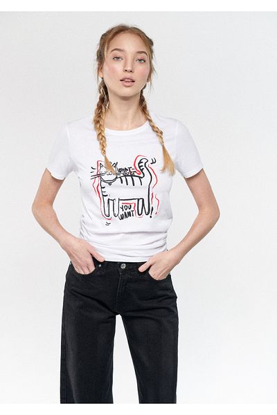 Mavi Tricou alb imprimat cu pisici, cu croială normală / croială normală 1611293-620