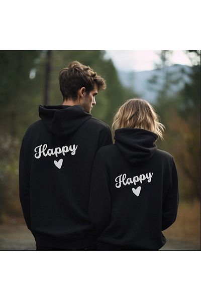 Josette Hearted Happy - Lover Couple Combination Φούτερ με στάμπα μεγάλου μεγέθους Χειμερινό ράστερ χοντρή κουκούλα