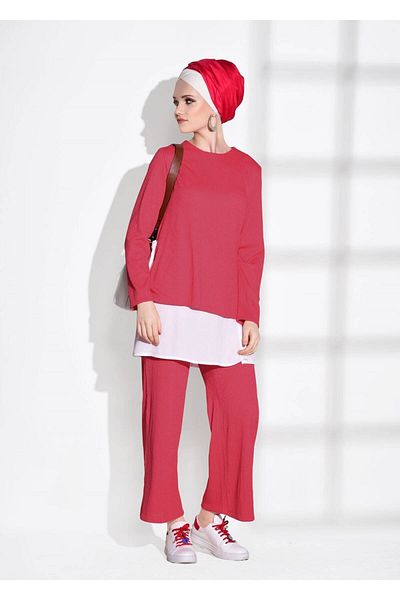 TRENDTESETTÜR Coral Colored Women's Trousers Set - Lace Detailed 5756