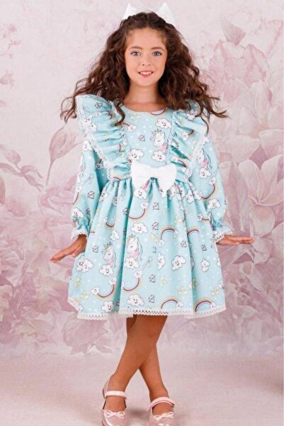 Riccotarz Girl's Unicorn Printed Sleeve Ruffled Embroidered Blue Dress Age 3-12