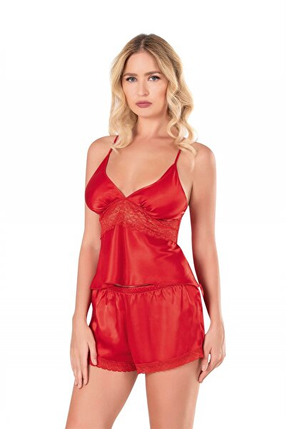 PRIMODA Red Satin Babydoll Shorts Set 9101