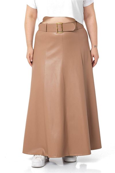 DISENTIS MODEST Large Size Belted Long Mink Leather Skirt