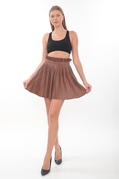 MEMETTİ Fusta mini plisata din piele maronie