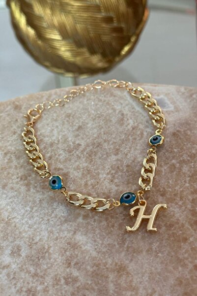 Trendy Butik Kişiye Özel Harfli Altın Kaplama Üç Nazarlı H Harf Zincir Bileklik