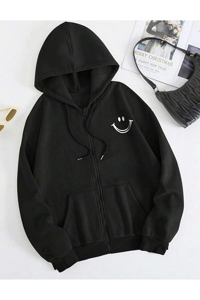 AFROGİYİM Unisex Smile Printed Oversize Ζακέτα με κουκούλα με φερμουάρ