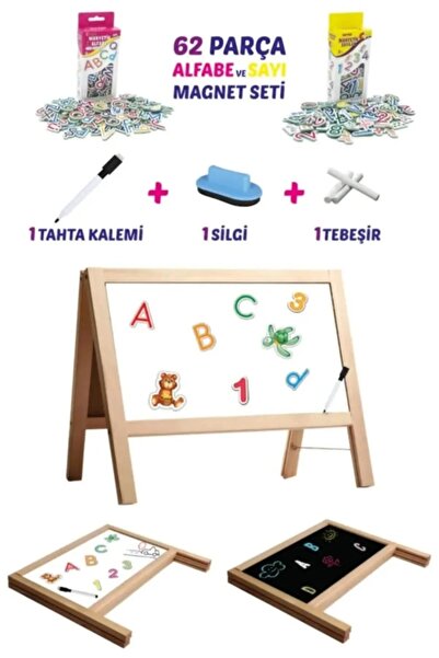 YILDIRIM OYUNCAK Çift Taraflı Manyetik Ahşap Yazı Tahtası - 62 Parça Alfabe V...