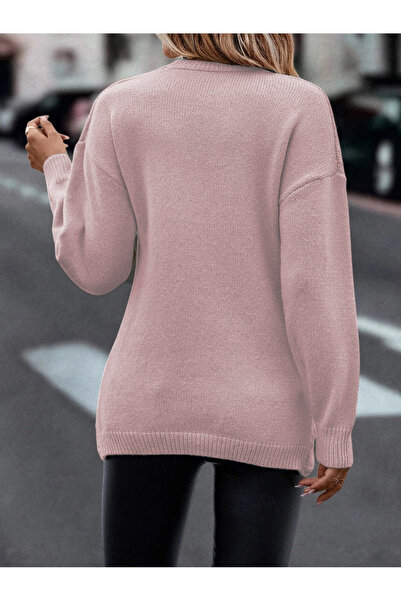 OMKA BUTİK Kadın Saç Örgü Desen Kruvaze Yaka Uzun Kol Triko Kazak PUDRA