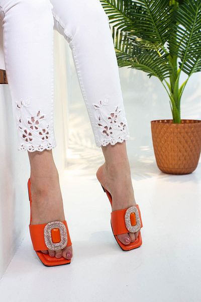 sermoda Orange Brooch Silicone Stoned Flat Sole Women's Summer Slippers