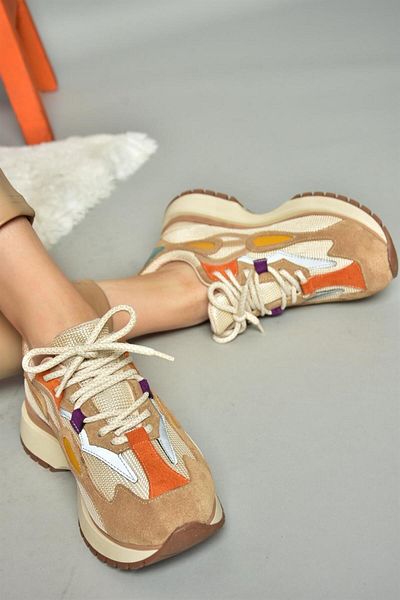 Fox Shoes R312510504 Pantofi sport de damă din țesătură bej/portocaliu