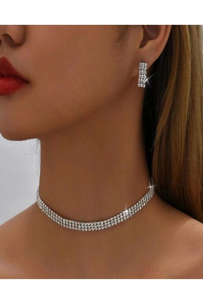 muptejewelry 3 Rows Zircon Stone Earrings Necklace Set