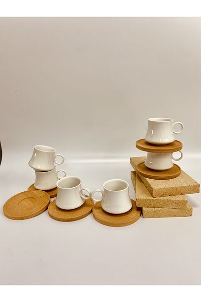 ELZEY HOME Bamboo Base Porcelain 6-Piece Coffee Cup Set