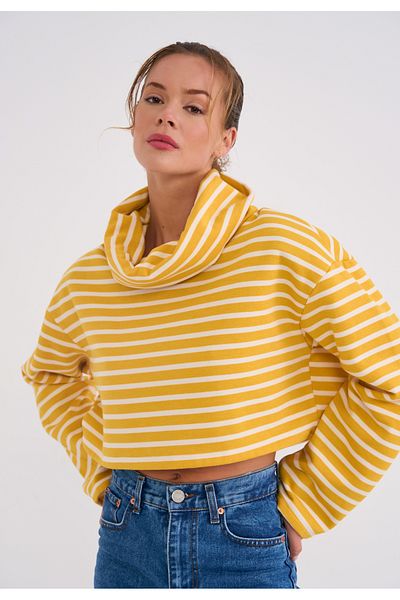 La Sarta Stripe Lover Women's Mustard White Turtleneck Striped Crop Sweat