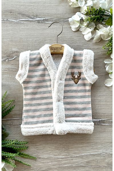 PATSAN Wellsoft Winter Baby Vest with Plush Inside and Deer Embroidery Salmon Stripes