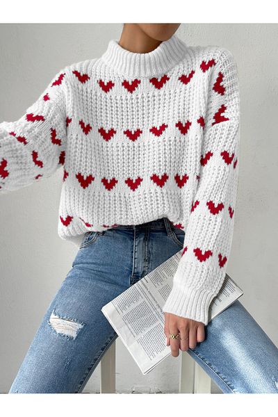 OMKA BUTİK Pulover de damă din tricotaje albe cu model de inimă