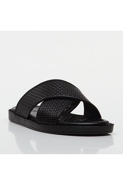 Hotiç Black Genuine Leather Men's Slippers