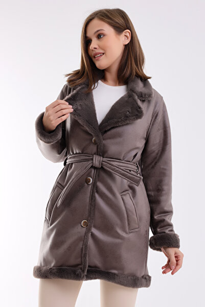 Winmoda34 Γυναικείο δερμάτινο παλτό με γούνα