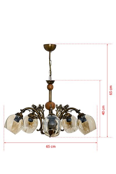 DEDE FIVE ARMED WOODEN TOLD LALE ZAMAK CHANDELIER WITH HONEY COLOR GLASS
