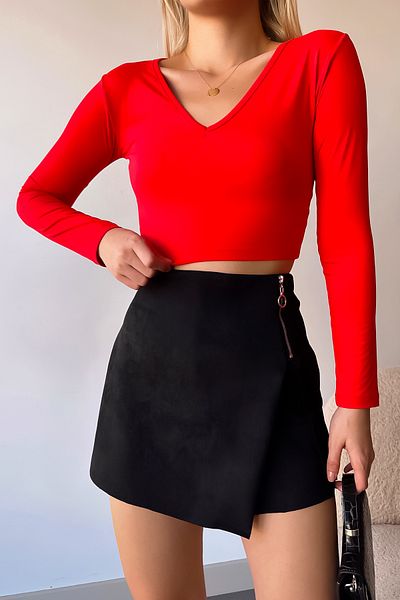 LACHT Women's V-Neck Red Crop Long Sleeve New Season Blouse