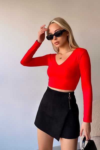 LACHT Women's V-Neck Red Crop Long Sleeve New Season Blouse