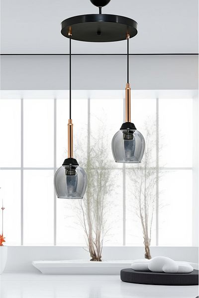 DEDE DOUBLE MANDARIN PENDANT LIGHT CHANDELIER WITH SMOKED GLASS AND COPPER PIPE