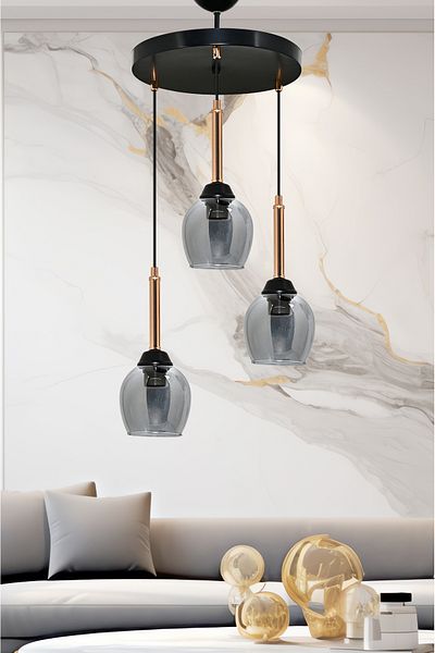 DEDE TRIPLE MANDARIN PENDANT LIGHT CHANDELIER WITH SMOKED GLASS AND COPPER PIPE