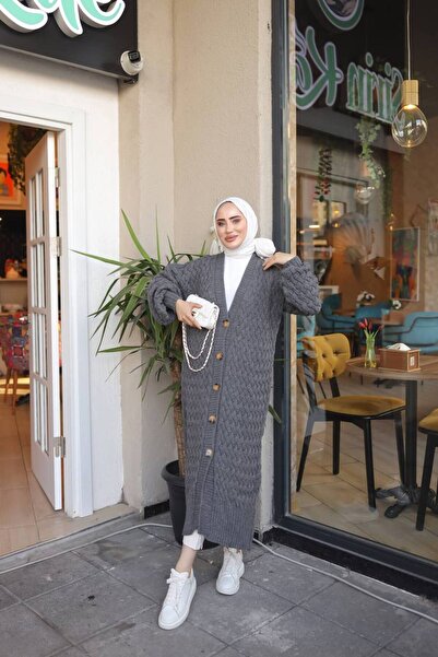 Pamuk Butik Γυναικεία Πλεκτά Πλεκτά Ζακέτα Ανθρακί με κουμπιά πλήρους μήκους