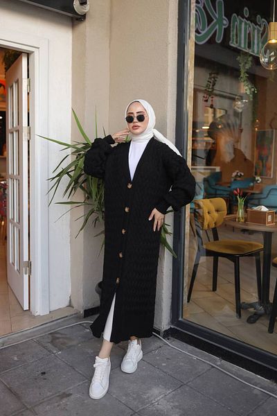 Pamuk Butik Γυναικεία Πλεκτά Ζακέτα Μαύρη με κουμπιά πλήρους μήκους