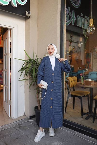 Pamuk Butik Γυναικεία Πλεκτά Πλεκτά Ζακέτα Μπλε με κουμπιά σε όλο το μήκος