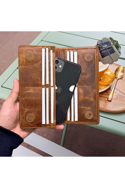 YNS LEATHER Genuine Leather Wallet with Phone Compartment, Large Paraportfolio with Magnets and Hand Strap