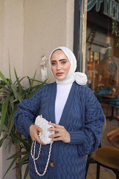 Pamuk Butik Γυναικεία Πλεκτά Πλεκτά Ζακέτα Μπλε με κουμπιά σε όλο το μήκος