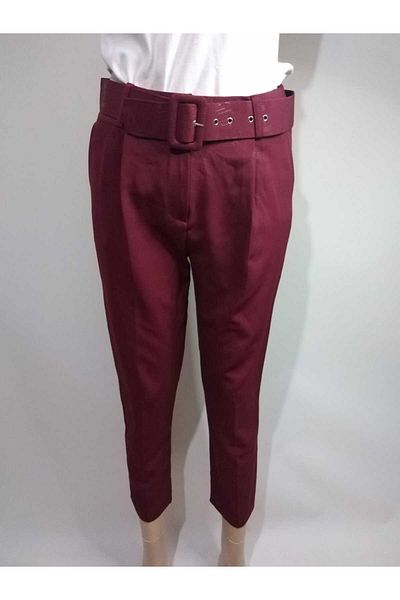 R&M Collection Women's Burgundy Belted Narrow Carrot Cut Ankle Length Dumbbell Fabric Pants One Size Plus