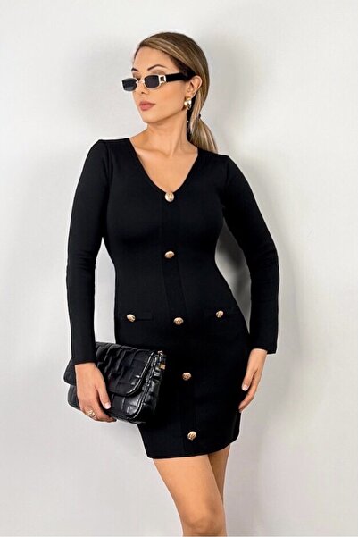 Ritnice Γυναικείο Μίνι Φόρεμα με χρυσό κουμπί Gloria σε μαύρο χρώμα