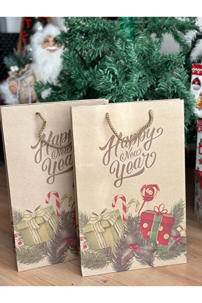 QUEEN AKSESUAR İthal büyük 2li hediye paketi happy New year desenli ip askılı kraft karton çanta yılbaşı yeni yıl