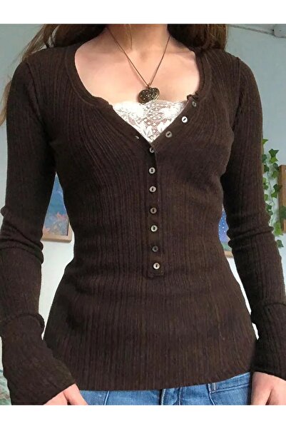 Köstebek Lace Buttoned V-Neck Fairycore Brown Blouse