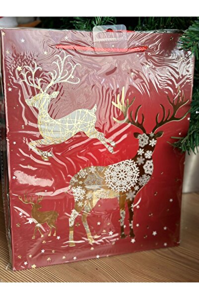 QUEEN AKSESUAR Ithal Büyük Altın Varaklı Geyik Desenli Hediye Paketi Desenli Askılı Kırmızı Karton Çanta Yılbaşı