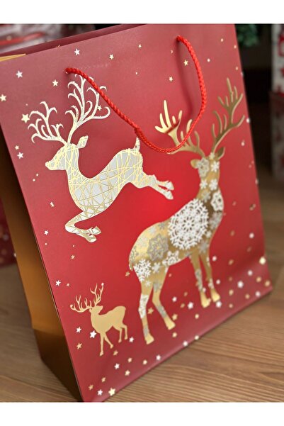QUEEN AKSESUAR Ithal Büyük Altın Varaklı Geyik Desenli Hediye Paketi Desenli Askılı Kırmızı Karton Çanta Yılbaşı