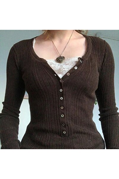 Köstebek Lace Buttoned V-Neck Fairycore Brown Blouse