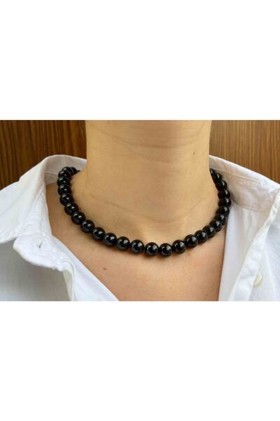 NehirTaş قلادة من الحجر الطبيعي التورمالين الأسود المعتمد مقاس 10 مم