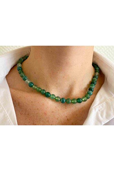NehirTaş Green Agate Stone - 8 mm Certified Natural Stone Necklace