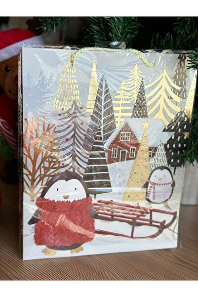 QUEEN AKSESUAR İthal büyük altın parlak motif penguen desenli hediye paketi desenli ip askılı karton çanta poşet